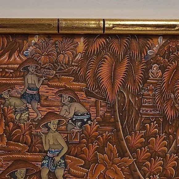 Gold Bamboo Framed Fabric Oriental Art